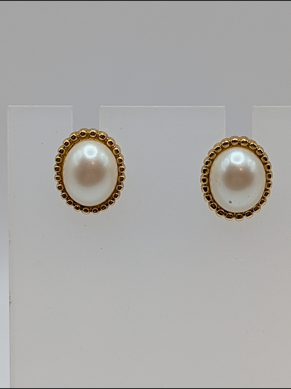 Vintage EVOKE Signed Faux Pearl Oval Stud Earrings Gold Tone